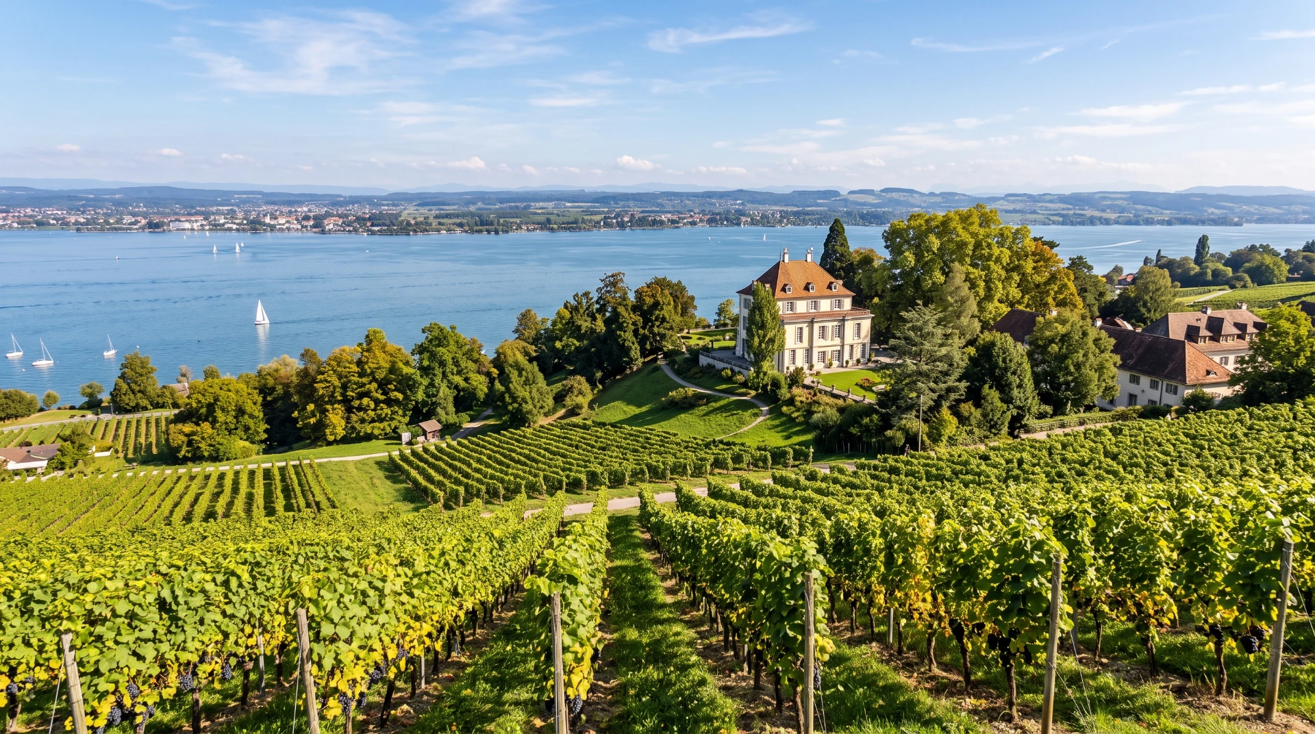 Wärmepumpe am Einfamilienhaus im Kanton Thurgau, Bodensee im Hintergrund